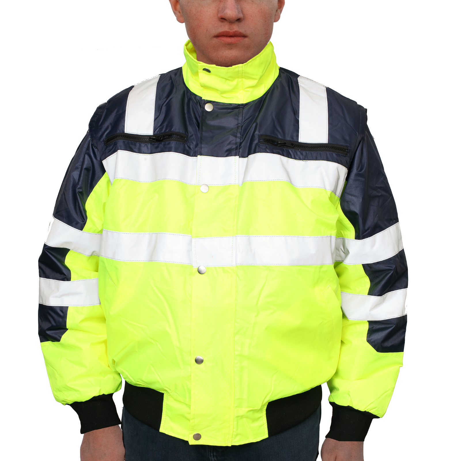 V563-WB-HIVISJKT-YLW-L-202503051841-00 3-in-1 Hi Vis Quilted Safety Bomber Jacket Waterproof Reflective Workwear - Yellow/Navy - L - Image 1