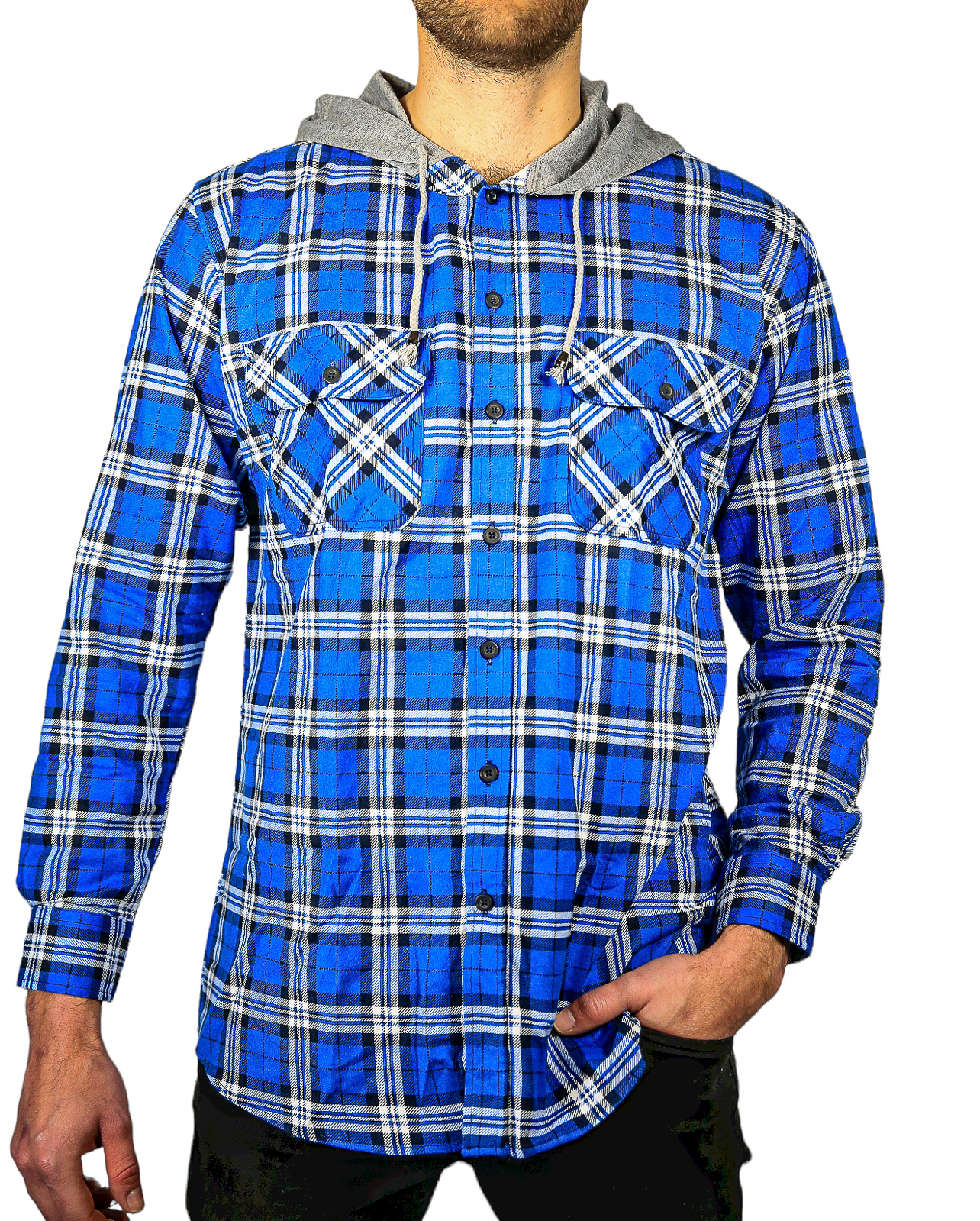 V563-WS47-149-M-202503052020-00 Mens Cotton Flannelette Shirt w Jersey Hood Long Sleeve Flannel - Spanish Blue - M - Image 1