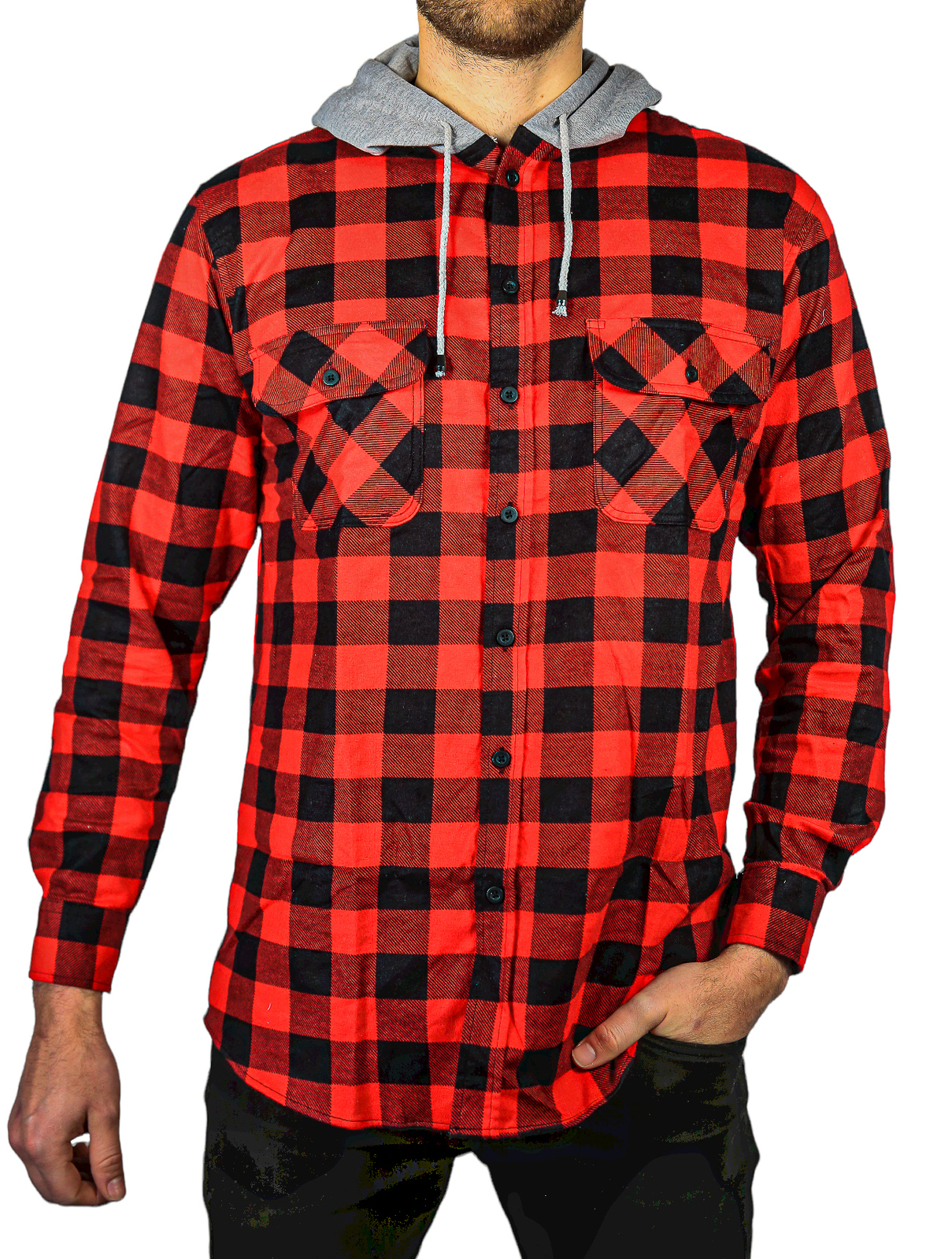 V563-WS47-190-4XL-202503052115-00 Mens Cotton Flannelette Shirt w Jersey Hood Long Sleeve Flannel - Red/Black - 4XL - Image 1