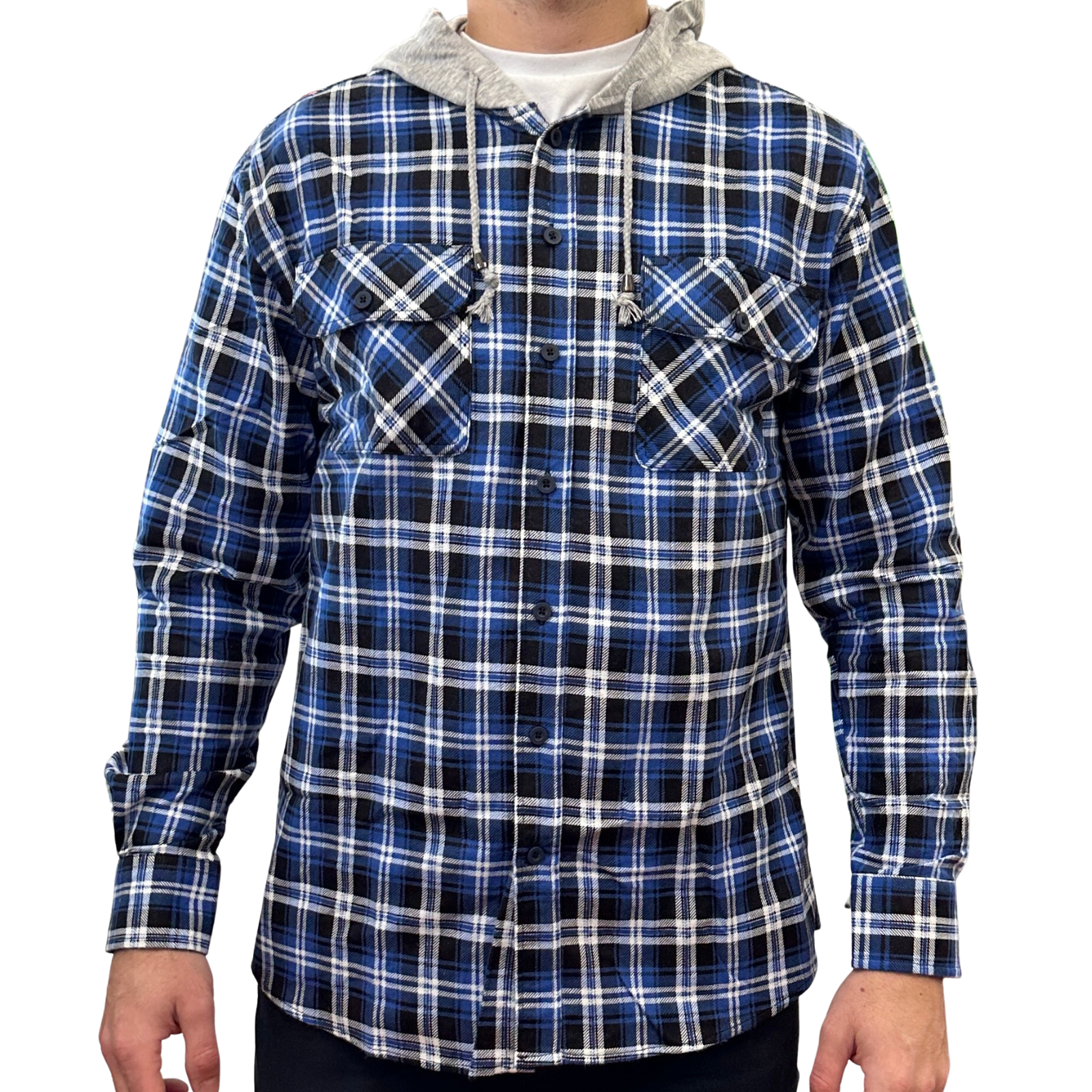 V563-WS47-45-L-202503051825-00 Mens Cotton Flannelette Shirt w Jersey Hood Long Sleeve Flannel - Denim - L - Image 1