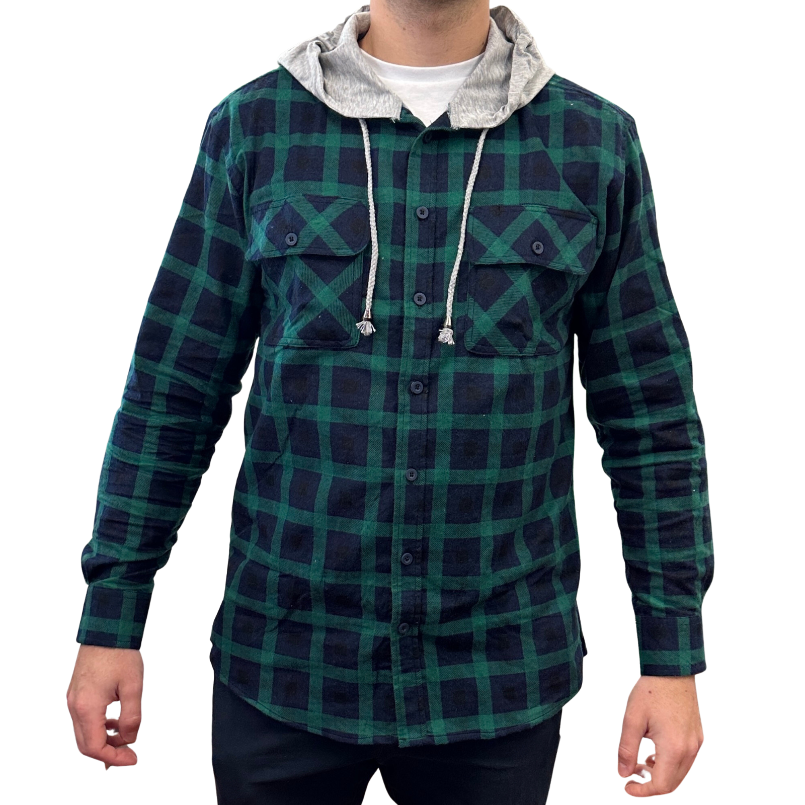 Mens Cotton Flannelette Shirt w Jersey Hood Long Sleeve Flannel - Green - L