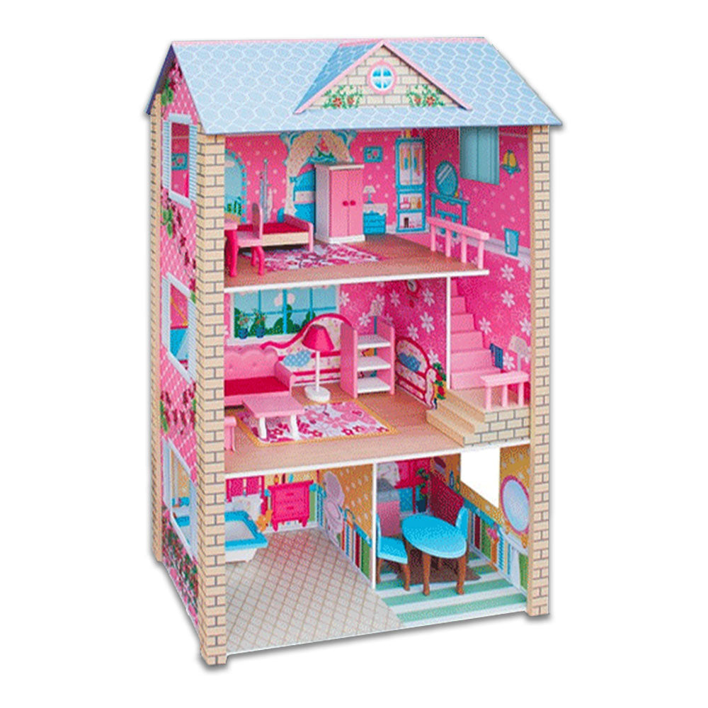 V610-DOLHOU-TX1061-218884-00 Large Wooden Dolls Doll House 3 Level Kids Pretend Play Toys Full Furniture - Image 1