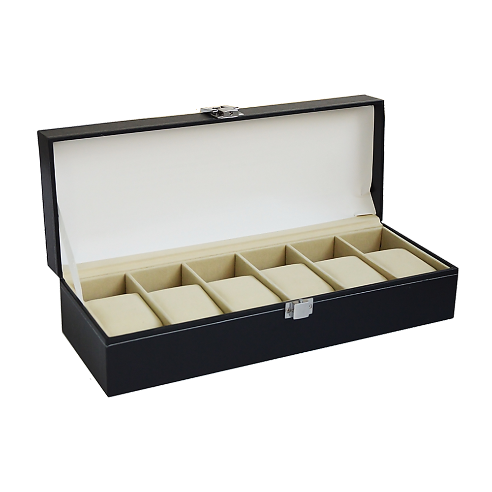 V63-816963-9316-00 6 Slot Mens Watch Display Case Box Black PU Leather - Image 1