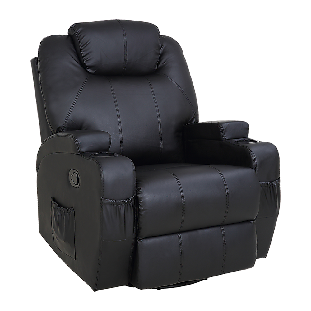 V63-821971-13437-00 Black Massage Sofa Chair Recliner 360 Degree Swivel PU Leather Lounge 8 Point Heated - Image 1