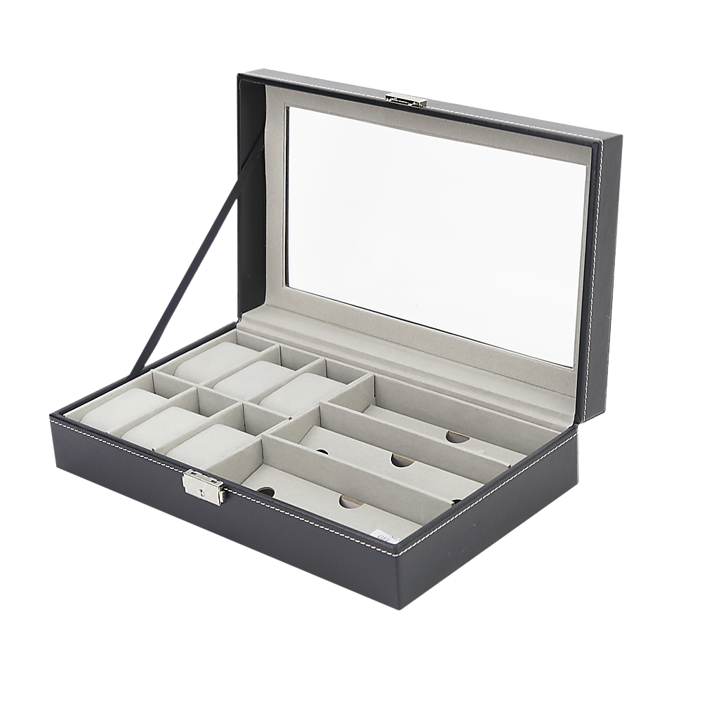 V63-823701-24657-00 6+3 Grid Watch Sunglass Eyeglasses Display Box Case Storage Organizer PU Leather - Image 1