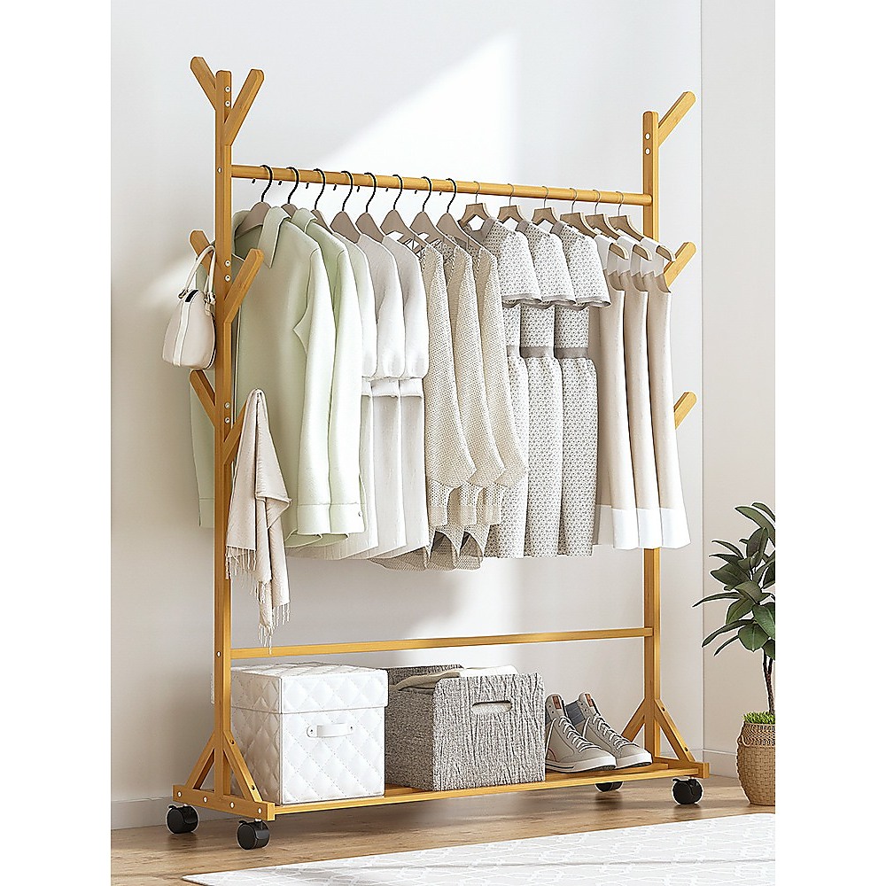 V63-838091-202508181642-00 Portable Clothes Rack Coat Garment Stand Bamboo Rail Hanger Airer Closet - Image 1