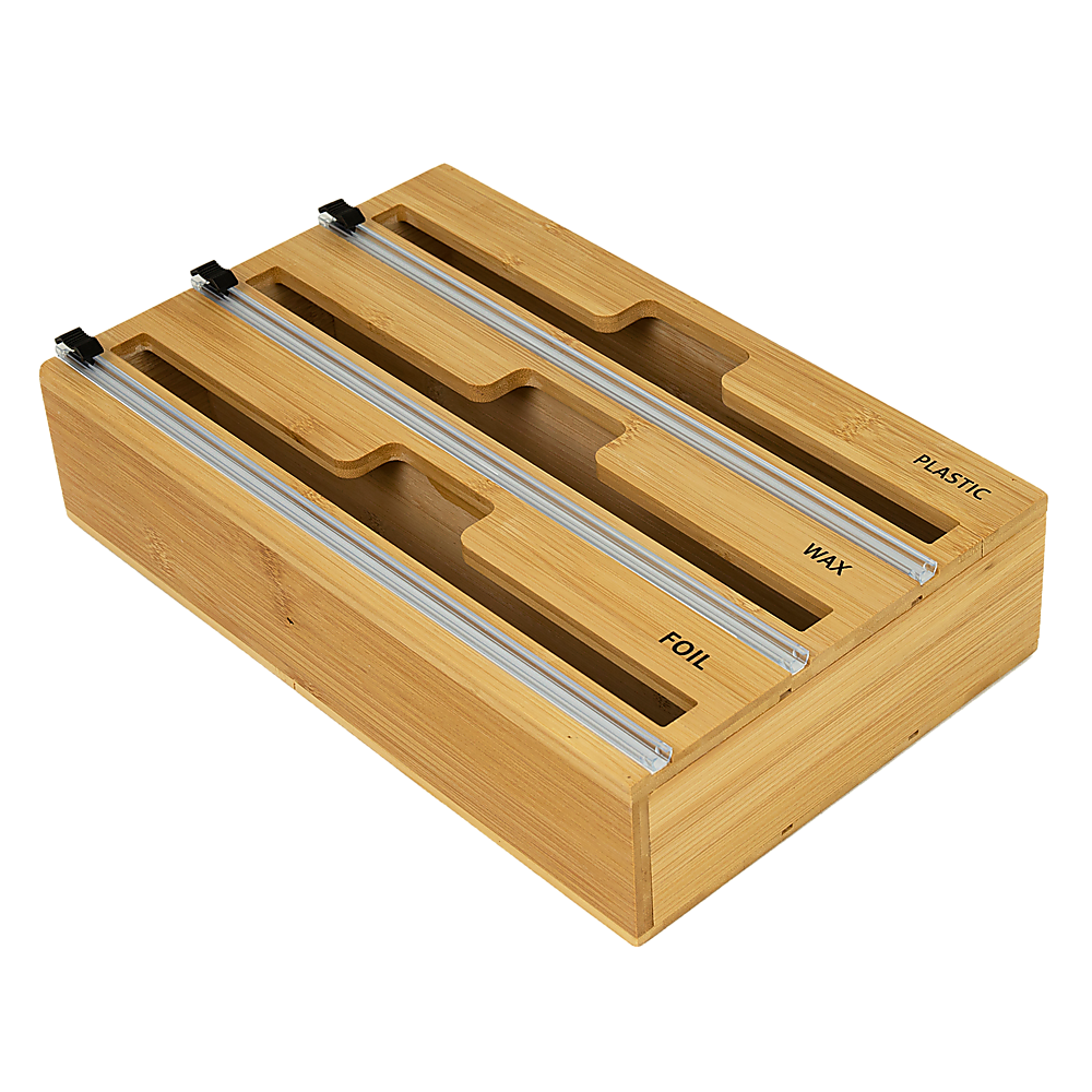 V63-839141-51592-00 3 Grids Bamboo Food Wrap Dispenser Cutter Foil Cling Film Storage Holder Box Kitchen - Image 1