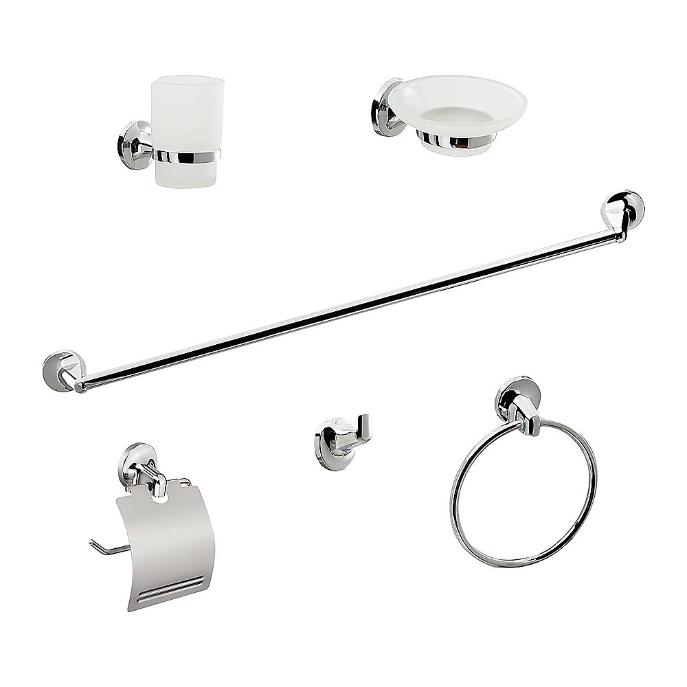V63-840911-202508151827-00 Bathroom Accessories Set 6 Piece Pack Chrome Wall Mounted Easy Fittings - Image 1