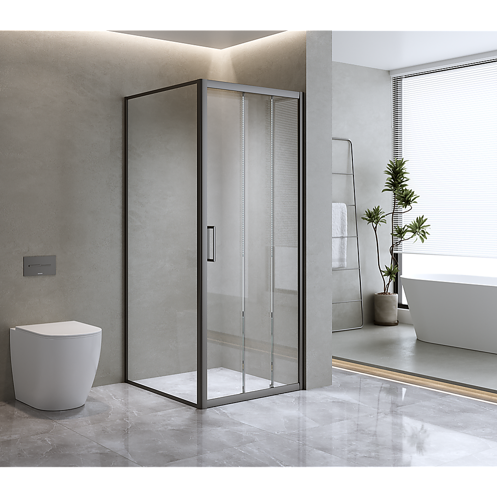 V63-848991-159606-00 40mm Adjustable Contemporary Corner Sliding Black Shower Screen 90x80cm - Image 1