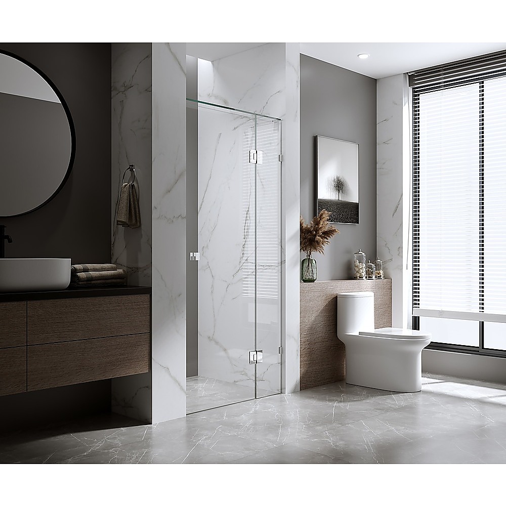 V63-855551-223059-00 110cm Wall to Wall Frameless Shower Screen with White Brackets and SS Hinges, Square Double Pull Handle - Image 1