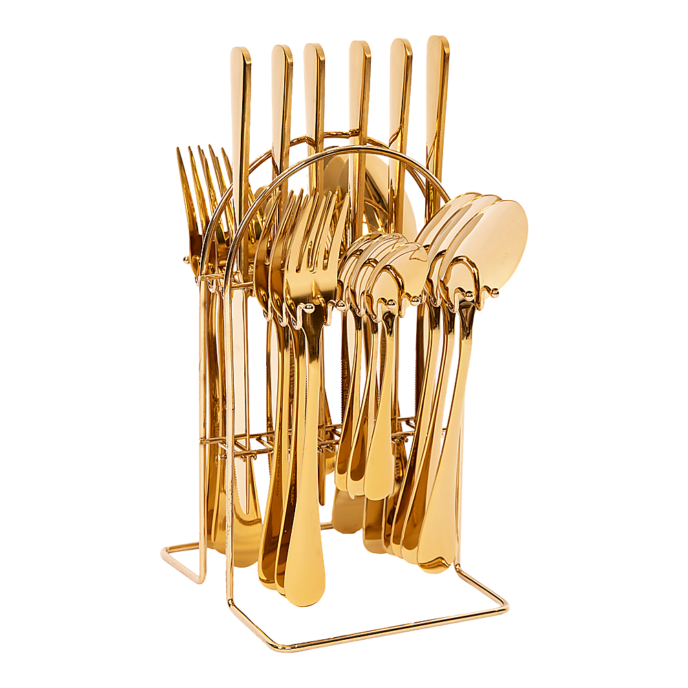 V63-911661-202505061739-00 Tableware 24PC Gold Cutlery Set SS304 Household Knife Fork Spoon Kitchen with Storage Rack Dinner Service - Image 1