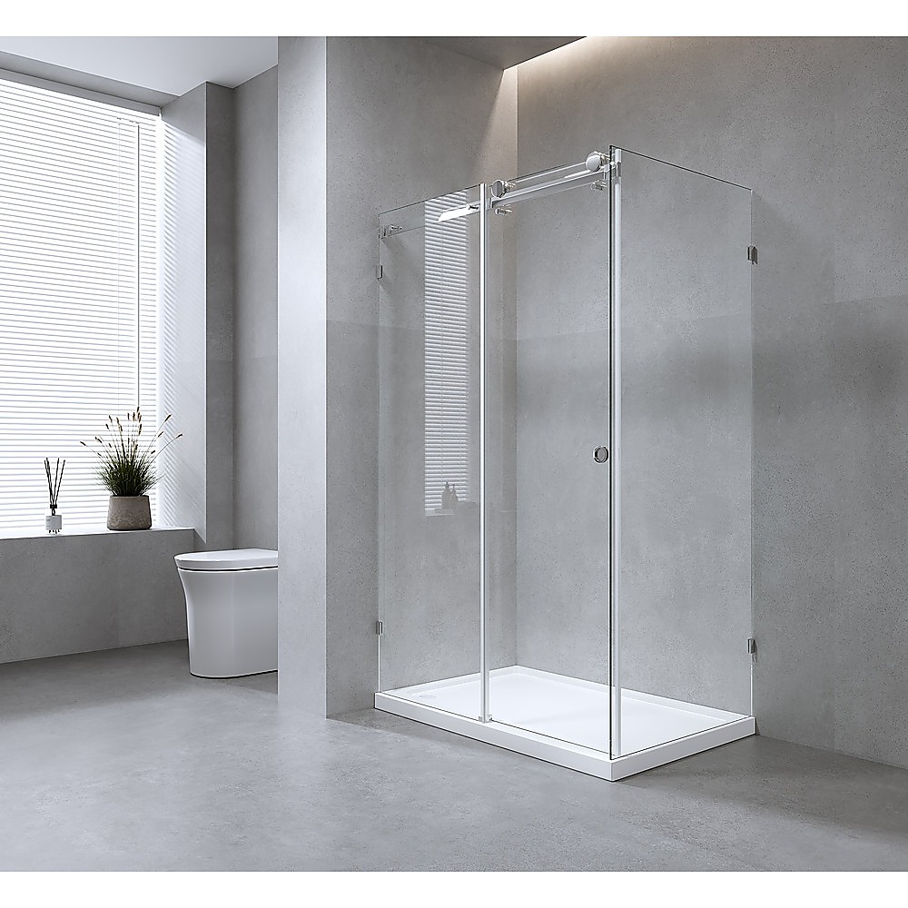 V63-913941-202507041854-00 160x100cm Frameless Glass Sliding Corner Shower with Black Rail and Hardware - Image 1
