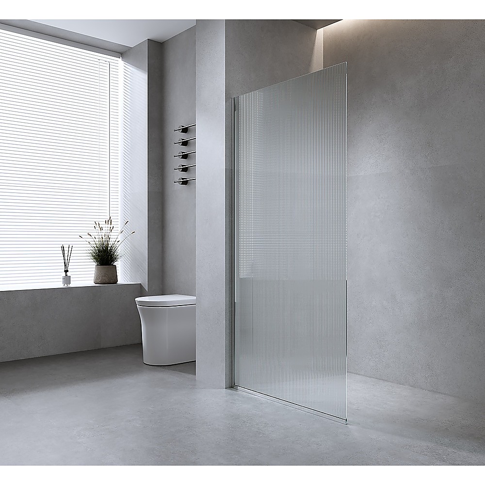 V63-919161-202505071553-00 70cm Reeded Single Shower Glass Screen with Black Wall Channel - Image 1