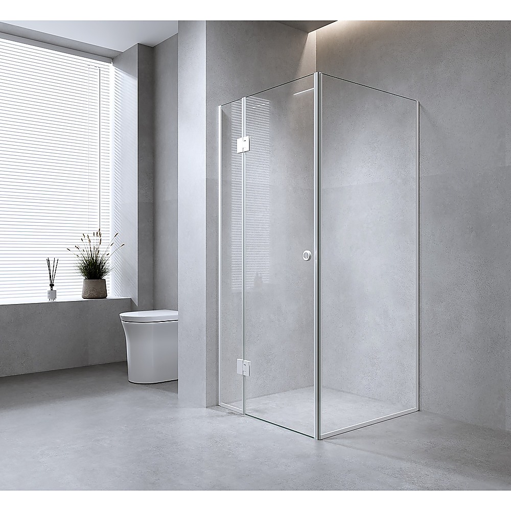 V63-934111-222741-00 90x80cm Corner Frameless Shower Screen with White Channel and SS Hinges - Image 1