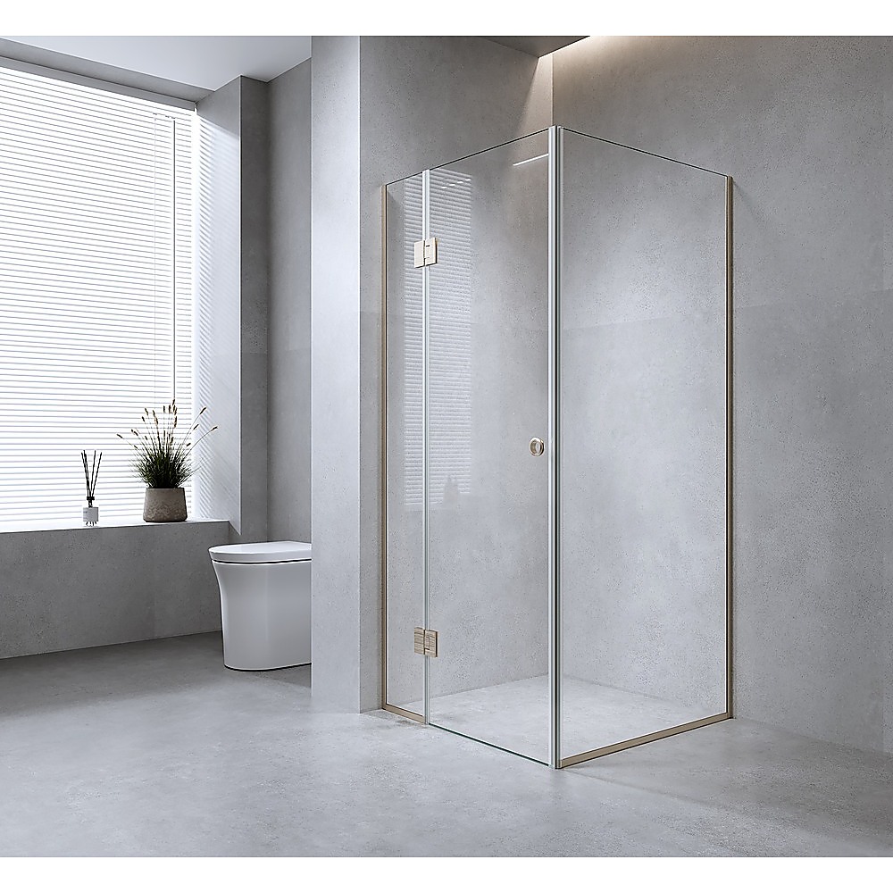 V63-943681-202507042005-00 100x70cm Corner Frameless Shower Screen with Nickel Channel and Brass Hinges - Image 1
