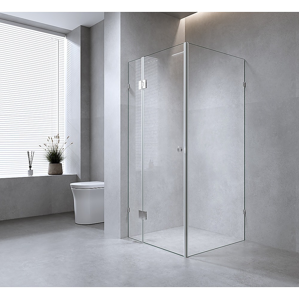 V63-948681-202507042235-00 120x120cm Corner Frameless Shower Screen with Nickel Brackets and Brass Hinges - Image 1