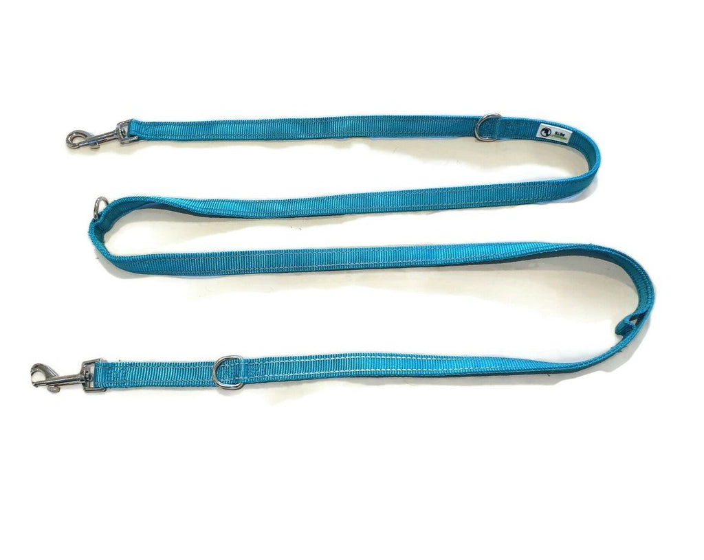 V631-MDPLDMUL20TUR-185917-00 Multi Dog Lead - Nylon w/Reflective Stitching - Double Clip ,Coupler, Waist Belt, Short/Long, Quicktie - Moondidley Pets 20mm Turquoise - Image 1