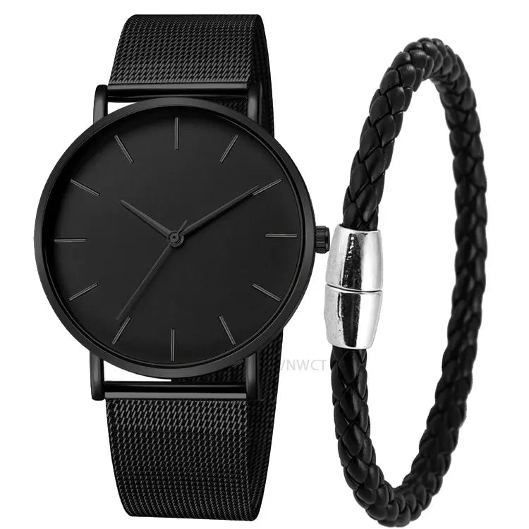 V728-1005004847620538-ALL-BLACK-BRACELE-190571-00 NNEOBA Mens Ultra Thin Magnetic Bracelet Quartz Watch - All-Black Slim Mesh Steel - Image 1