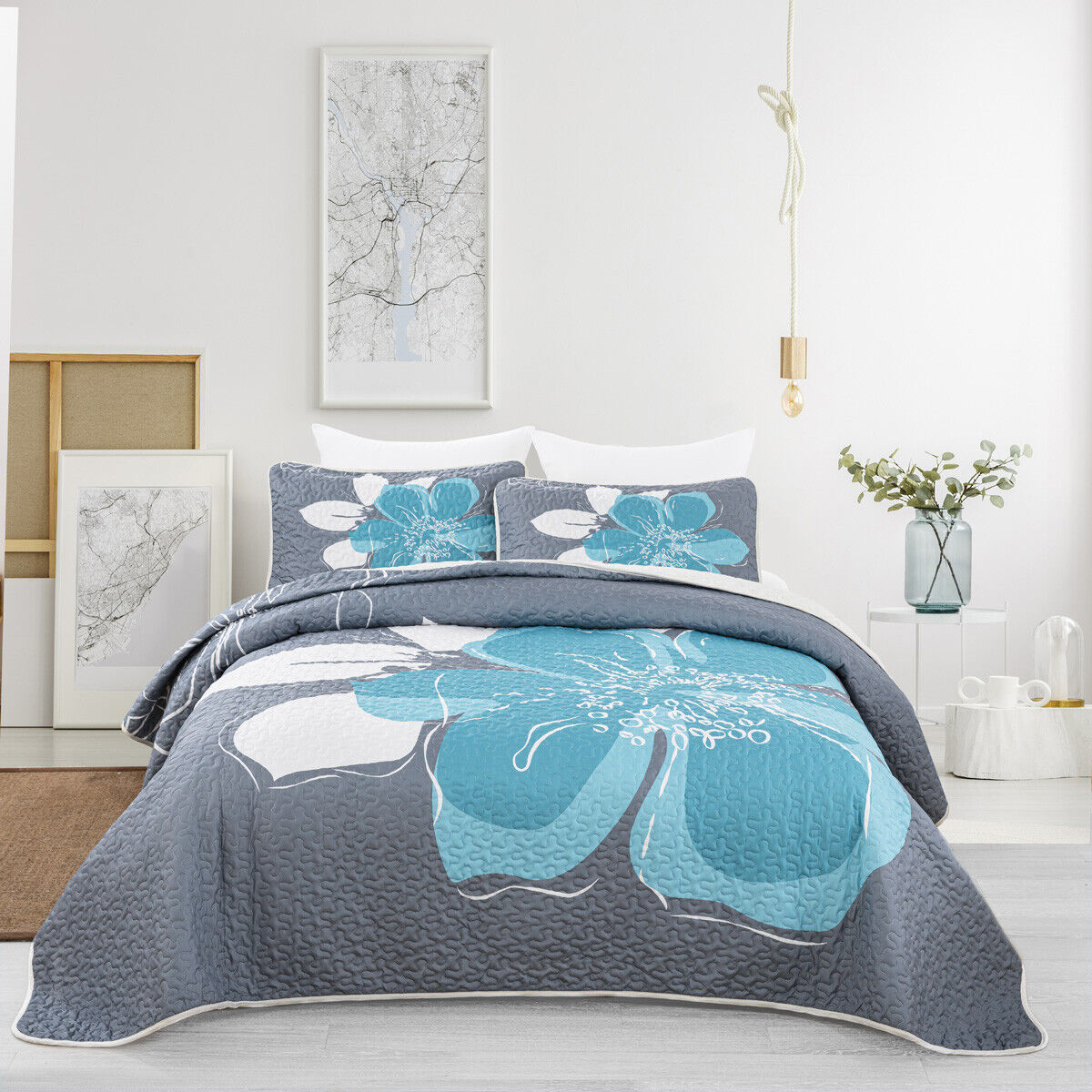 V745-AC080109Q13U-218271-00 Vintage Delicate Teal floaral Pattern 3 Pc Bedspread & Pillow Cover Set - Image 1