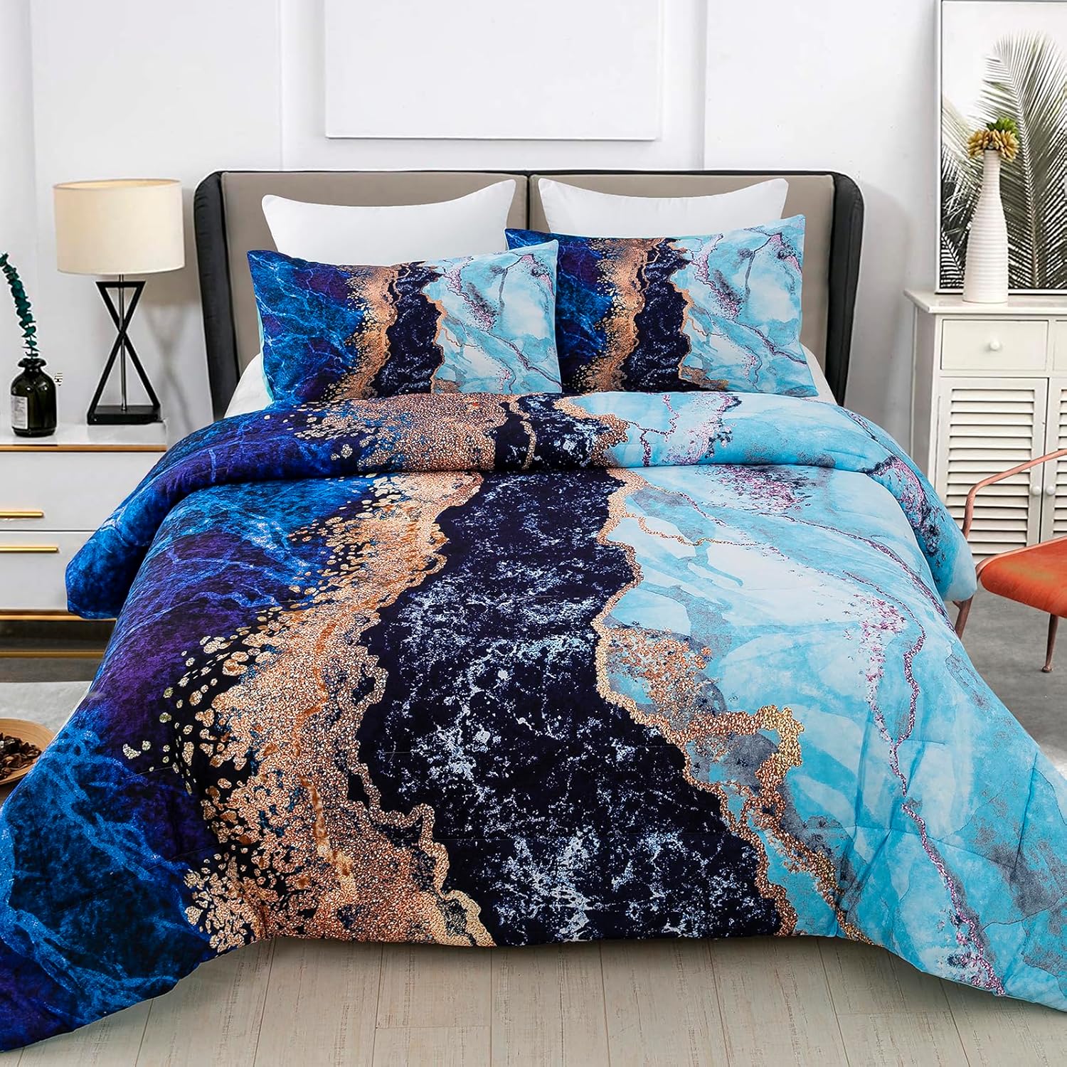 V745-MAB010370AJ3-191314-00 Blue Marble Comforter Set, King Size, Retro Watercolor 3-Piece Bedding Collection - Image 1