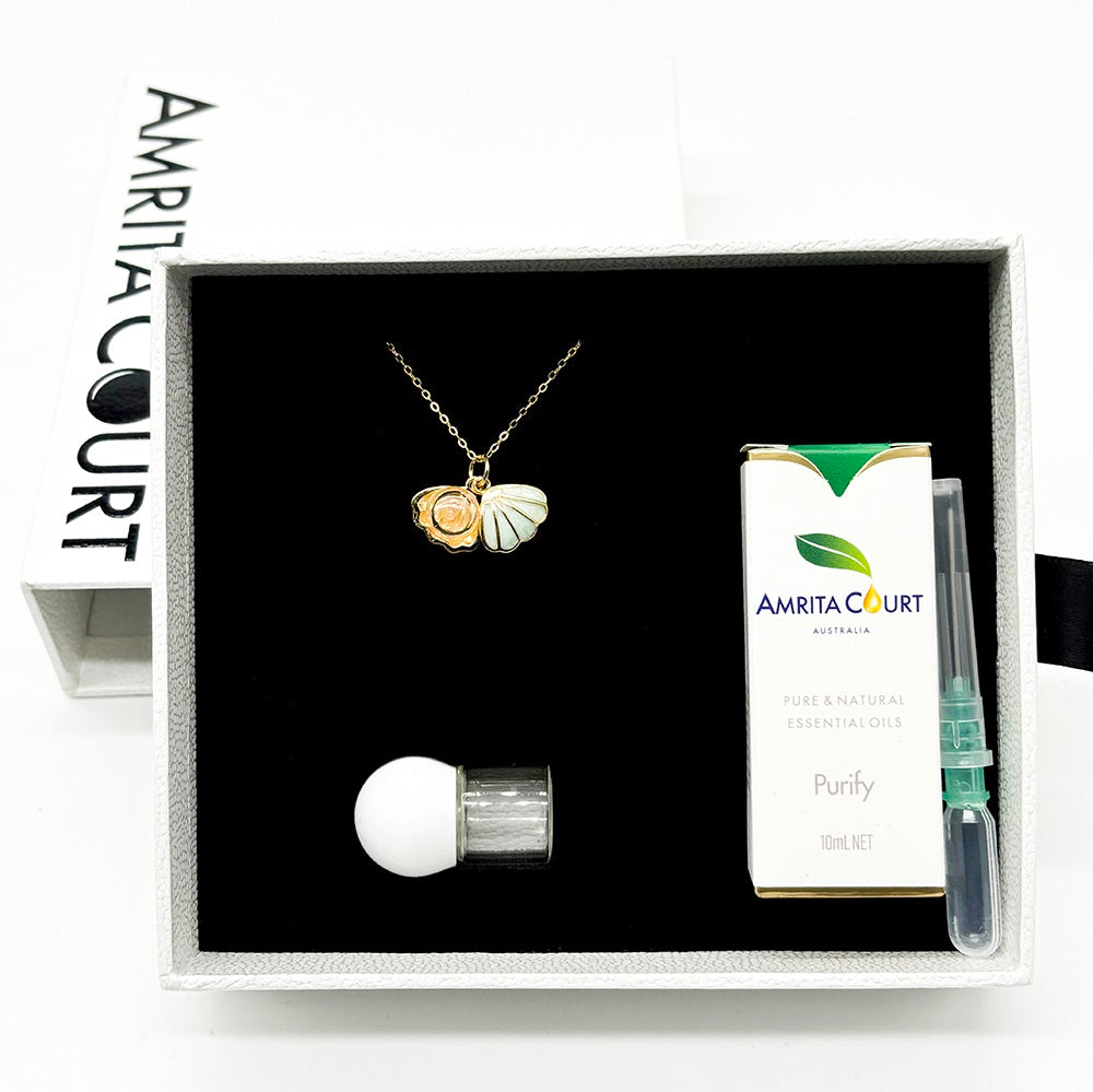 V760-GBAJ-11-195269-08 Gift Box - Aroma Necklace 925 Silver, Gold coated - Green Shell Paradise Peach (Pink) + Purify Oil Blend - Image 1