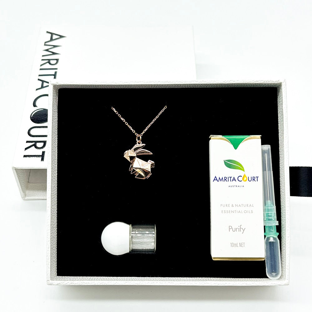 V760-GBAJ-35-195245-07 Gift Box - Rabbit Rose Gold Aroma Necklace + Purify Oil Blend - Image 1