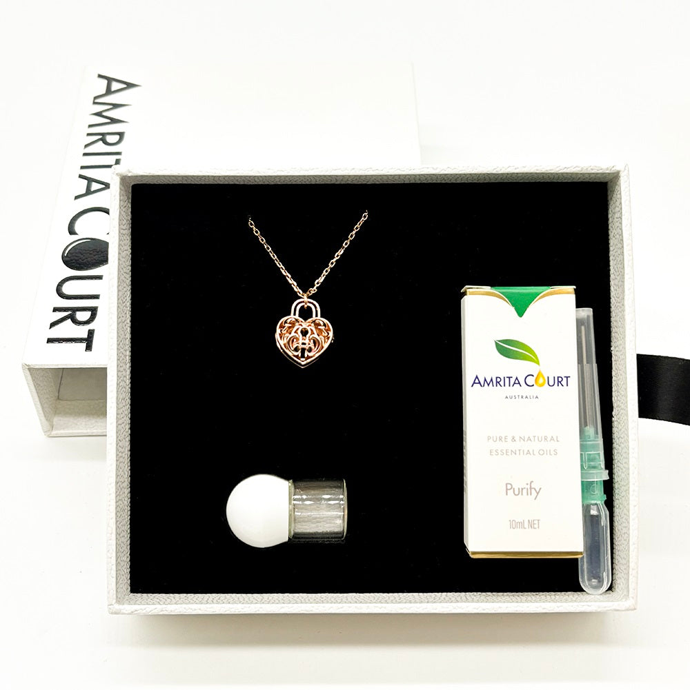 V760-GBAJ-37-195230-07 Gift Box - Heart Lock Rose Gold Aroma Necklace + Purify Oil Blend - Image 1