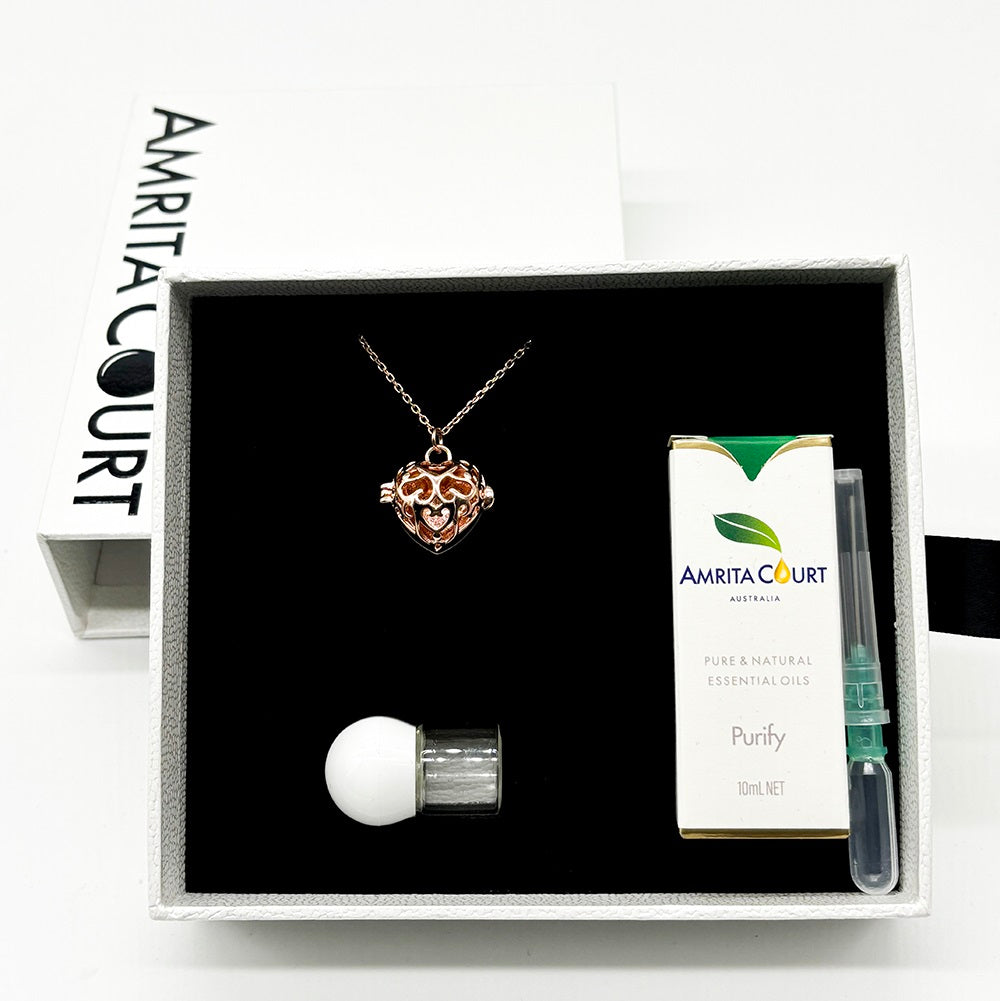 V760-GBAJ-41-195226-07 Gift Box - Love Heart Rose Gold Aroma Necklace + Purify Oil Blend - Image 1