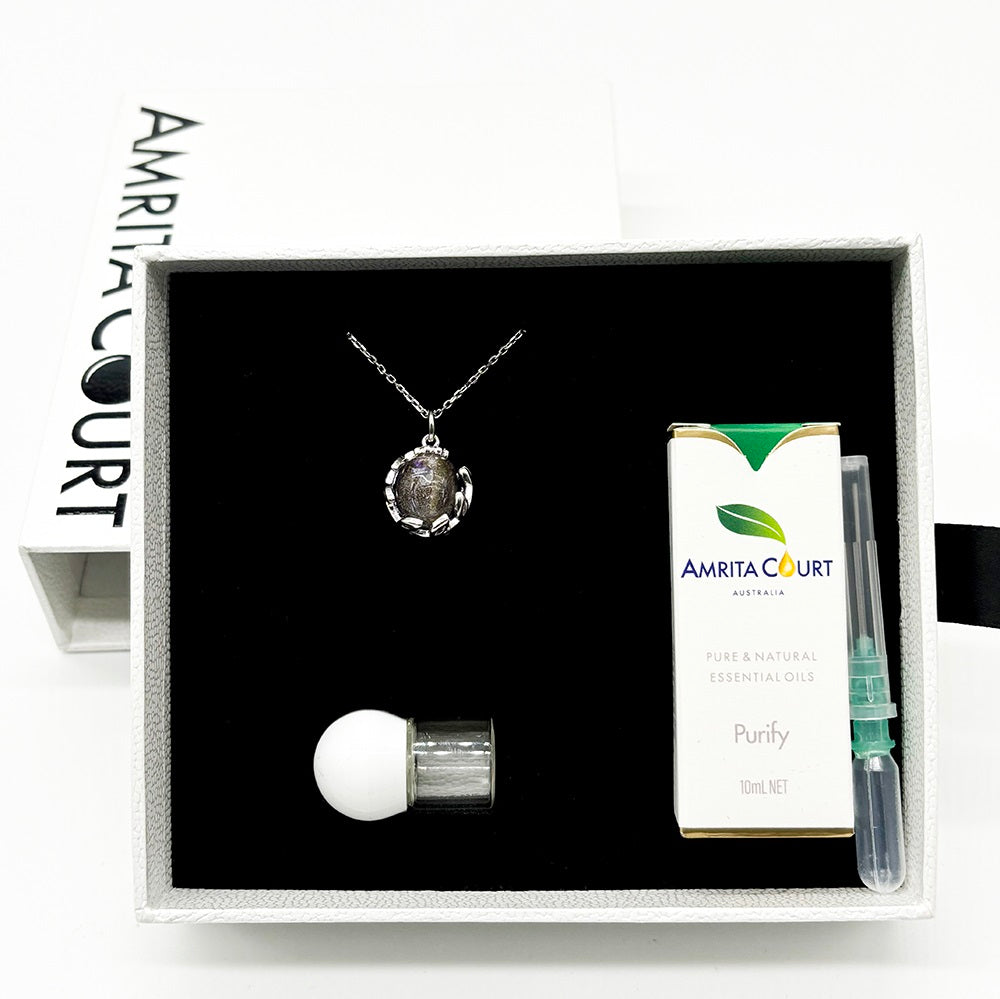 V760-GBAJ-5-195275-07 Gift Box - Aroma Necklace White Gold - Planet Lunar Lavender (Lanvender Purple) + Purify Oil Blend - Image 1