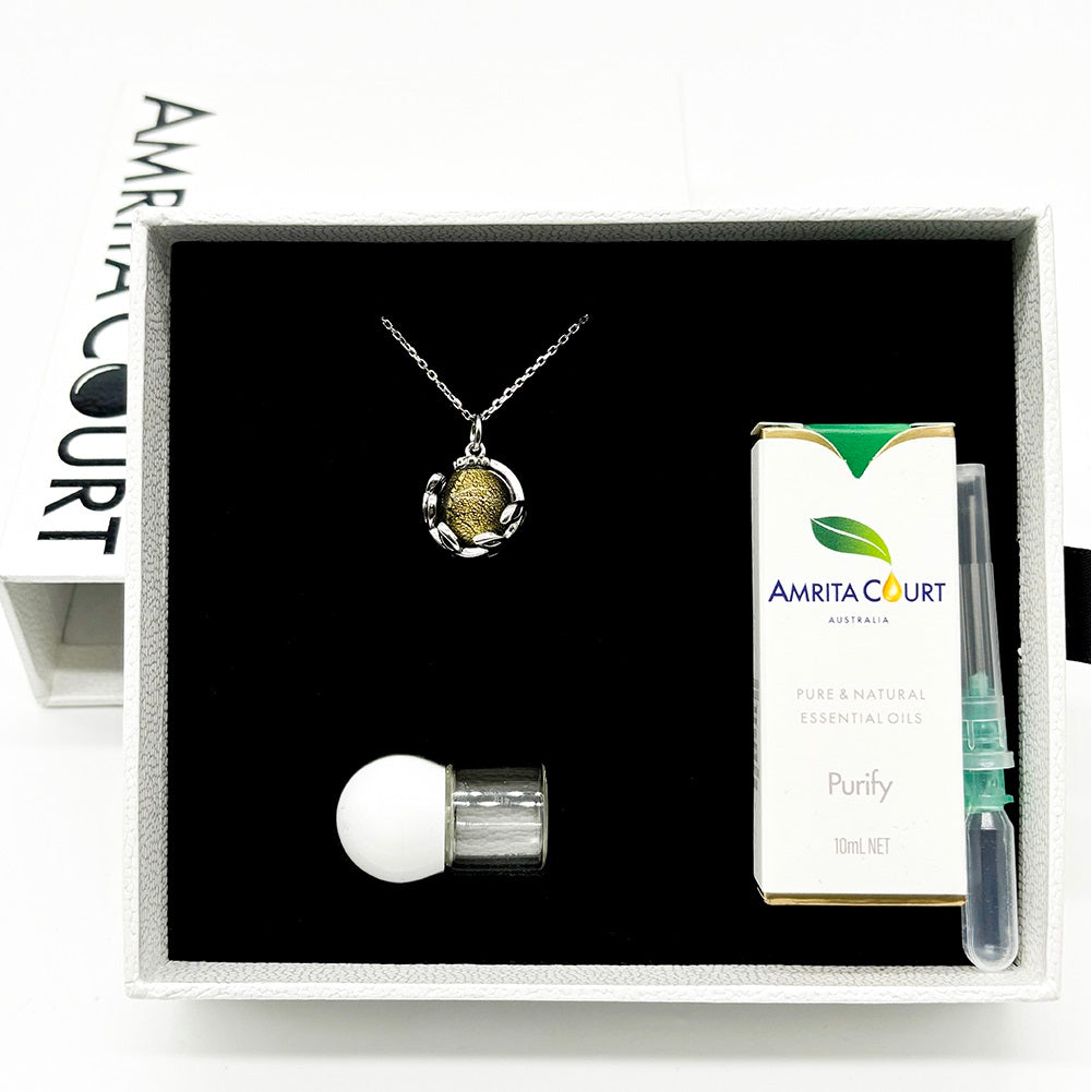 V760-GBAJ-9-195271-07 Gift Box - Aroma Necklace White Gold - Planet Stellar Midnight (Golden dark blue) + Purify Oil Blend - Image 1
