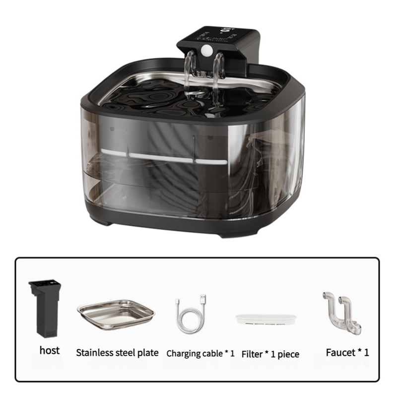 V888-ELOSUNG10108-203167-00 4.5L Dual-Flow Smart Pet Water Fountain with Stainless Steel Plate and Faucet – Black Design - Image 1