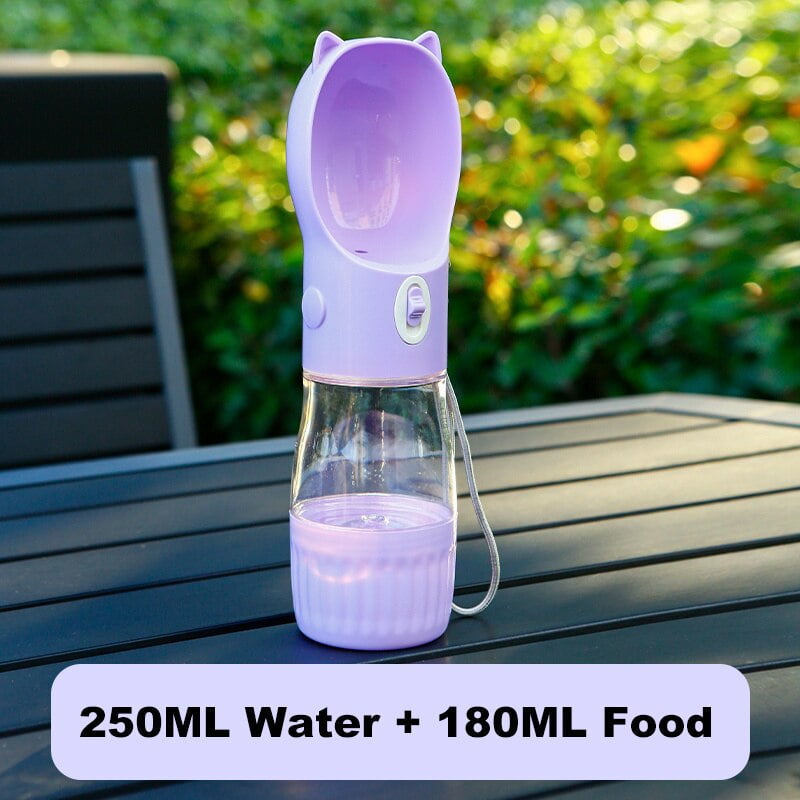 V888-ELOSUNG10147-204190-00 Purple Portable Dog Water Bottle with Built-in Bowl Dispenser - 250ml Water,180ml Food Capacity,Leak-proof for Travel and Walks - Image 1