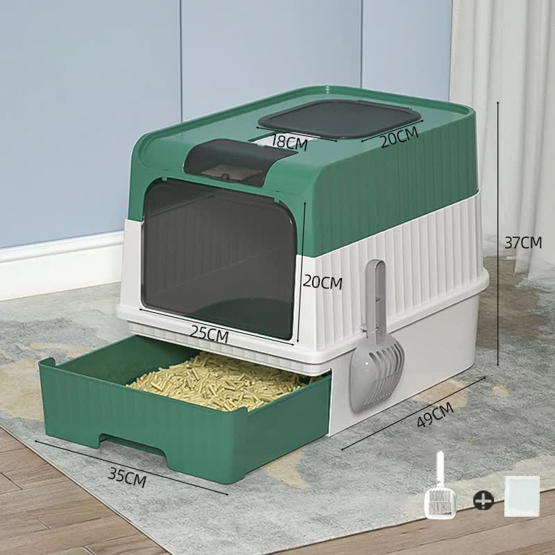 V888-ELOSUNG10171-204416-01 Green Large Enclosed Cat Litter Box with Drawer and Scoop-Odor Control, Removable Tray, Easy Clean Design - Image 1
