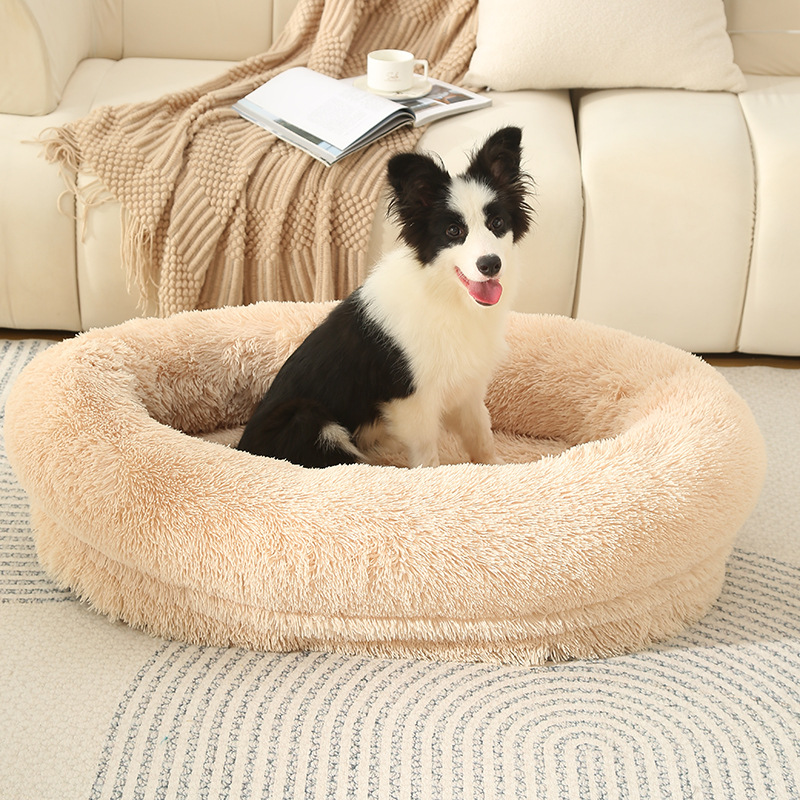 V888-ELOSUNG10231-204380-00 Fluffy Donut-Shaped Pet Bed- Soft, Cozy, and Anti-Anxiety for Dogs and Cats, Machine Washable Light Brown Size:M 75*55*18cm - Image 1