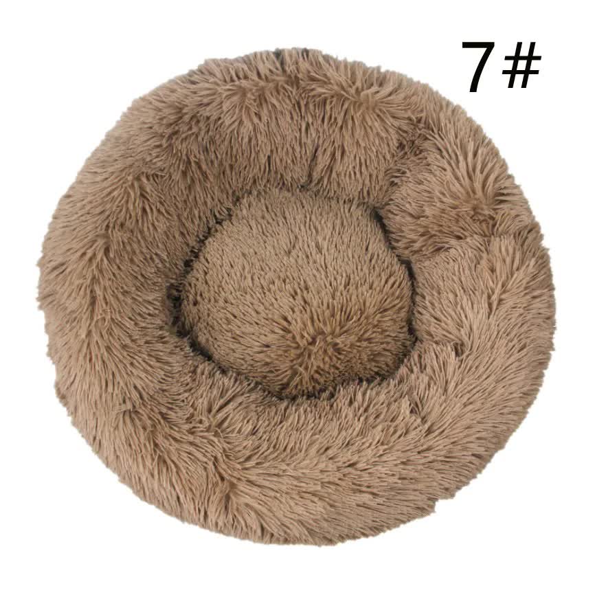 V888-ELOSUNG10288-204324-00 Calming Donut Pet Bed -Soft Faux Fur, Anti-Anxiety Fluffy Round Bed for Cats and Small Dogs (khaki)50cm - Image 1