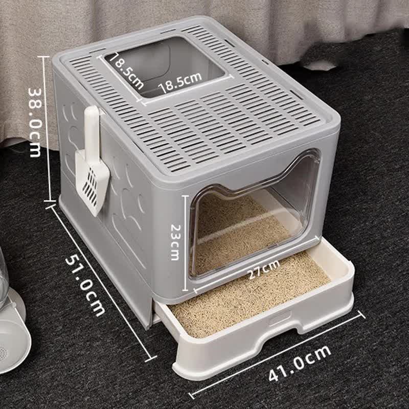 V888-ELOSUNG10445-204652-00 Foldable Cat Litter Box with Pull-Out Tray -Easy Cleaning and Anti-Splash Design Grey 51*41*38cm - Image 1