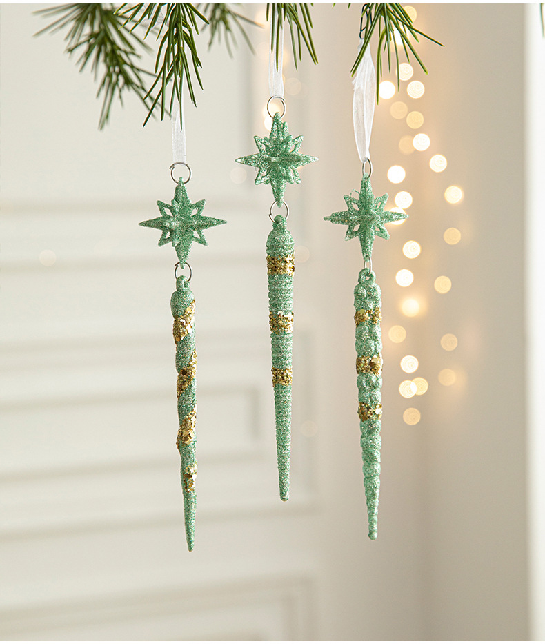 V888-ELOSUNG10508-205343-00 Green Glitter Icicle Christmas Ornaments with Star Tops - Set of 3 Hanging Decorations(5 set in total) - Image 1