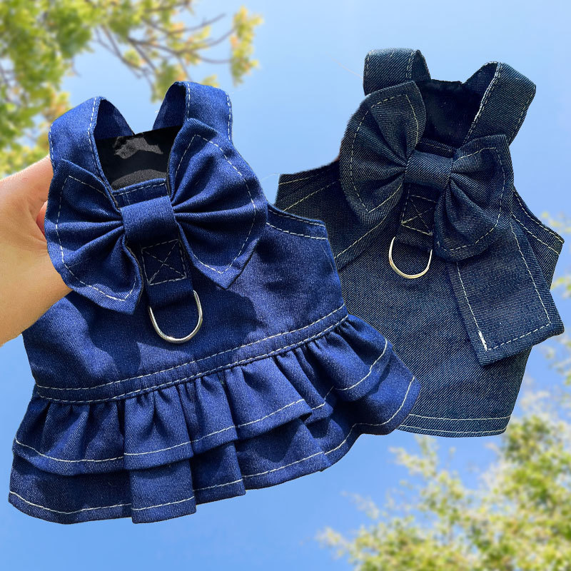 V888-ELOSUNG10518-205569-00 Pet Denim Harness Dress Set (2 Pieces) - M Size (42cm Chest for 5-8 lb Pets) with T-Shirt and Skirt, Bow,and Leash Ring - Image 1