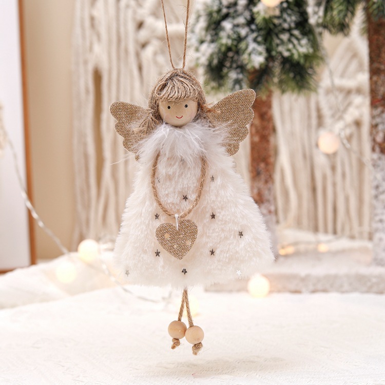 V888-ELOSUNG10544-205559-00 Fluffy Angel Hanging Ornament with Heart and Glitter Wings - Christmas Tree Decoration 16*10 cm White (6 pieces) - Image 1