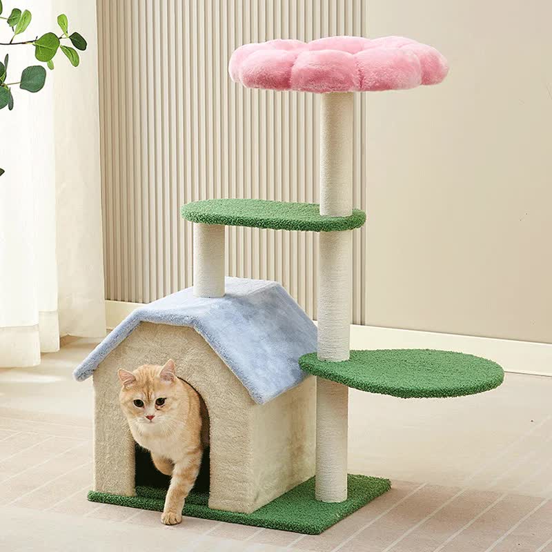 V888-ELOSUNG10730-205718-00 Floral Cat Tree with Cozy Hideaway and Scratching Posts (50x38x90 cm) - Image 1