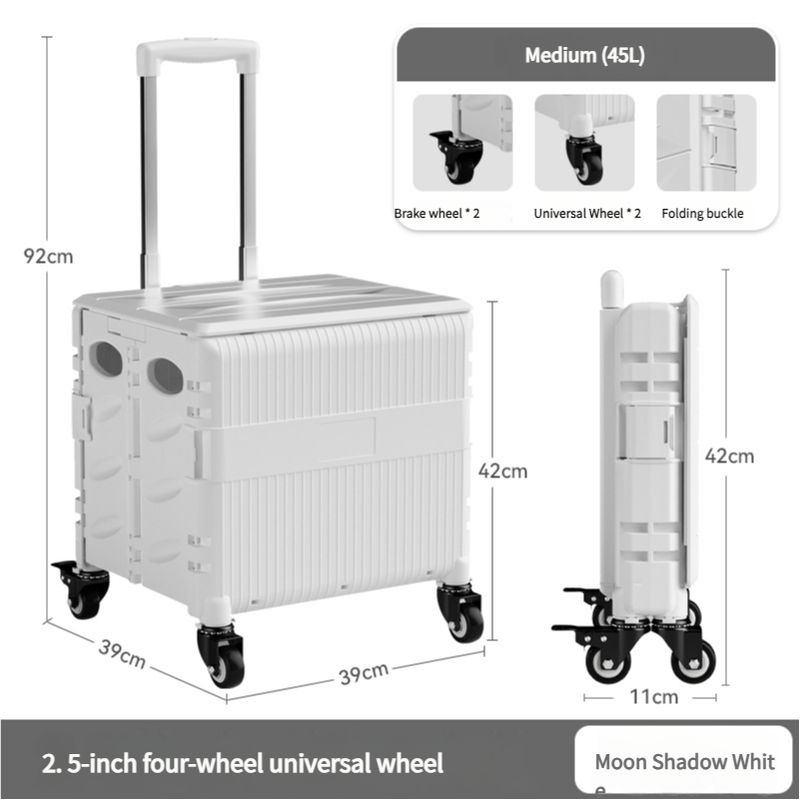 V888-ELOSUNG10739-205929-00 Foldable Rolling Storage Cart with Telescopic Handle - Large Capacity, Portable Utility Box 45L white - Image 1
