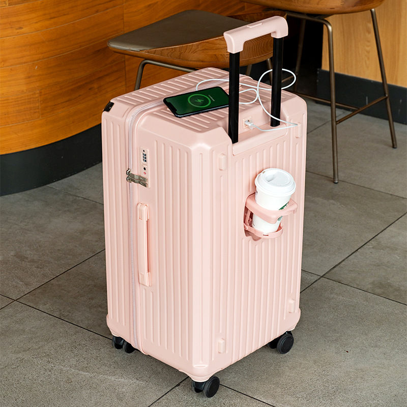 V888-ELOSUNG10829-206391-00 Smart Hard-Shell Luggage with USB Charging Port & Cup Holder - 24"Spinner Suitcase in Pink - Image 1