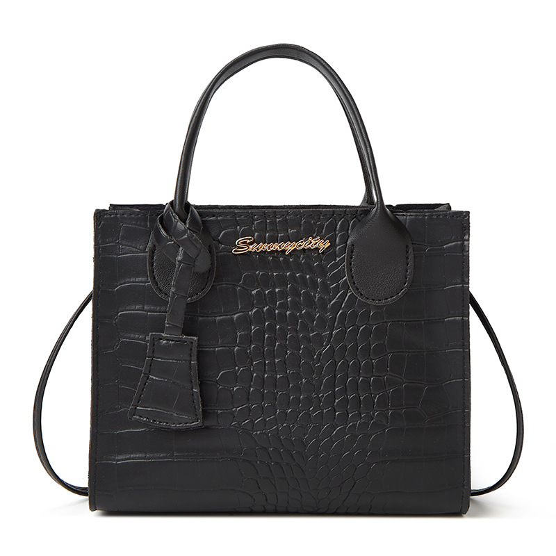 V888-ELOSUNG10839-206281-00 Elegant Crocodile Embossed Faux Leather Handbag - Black Tote with Dual Handle for Women 20*16*9cm - Image 1