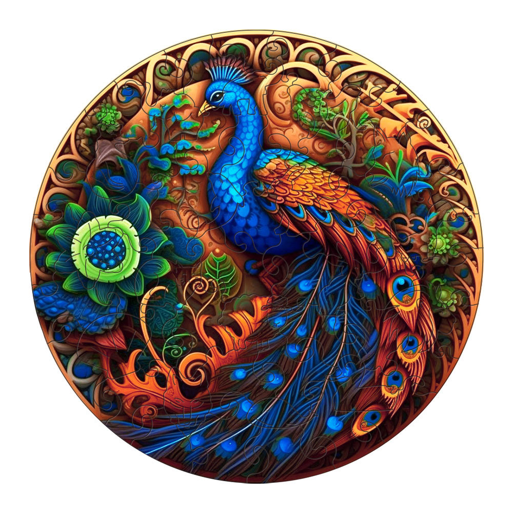 V888-ELOSUNG10965-206015-00 Round Peacock Wooden Puzzle - Intricate Nature-Inspired Art Puzzle(S-paper box-H162) - Image 1