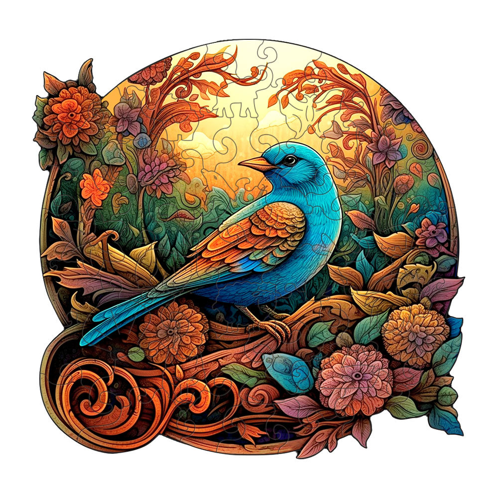 V888-ELOSUNG10971-206021-00 Colorful Bluebird Round Wooden Puzzle - Intricate Floral Art Design(S-paper box-H185) - Image 1