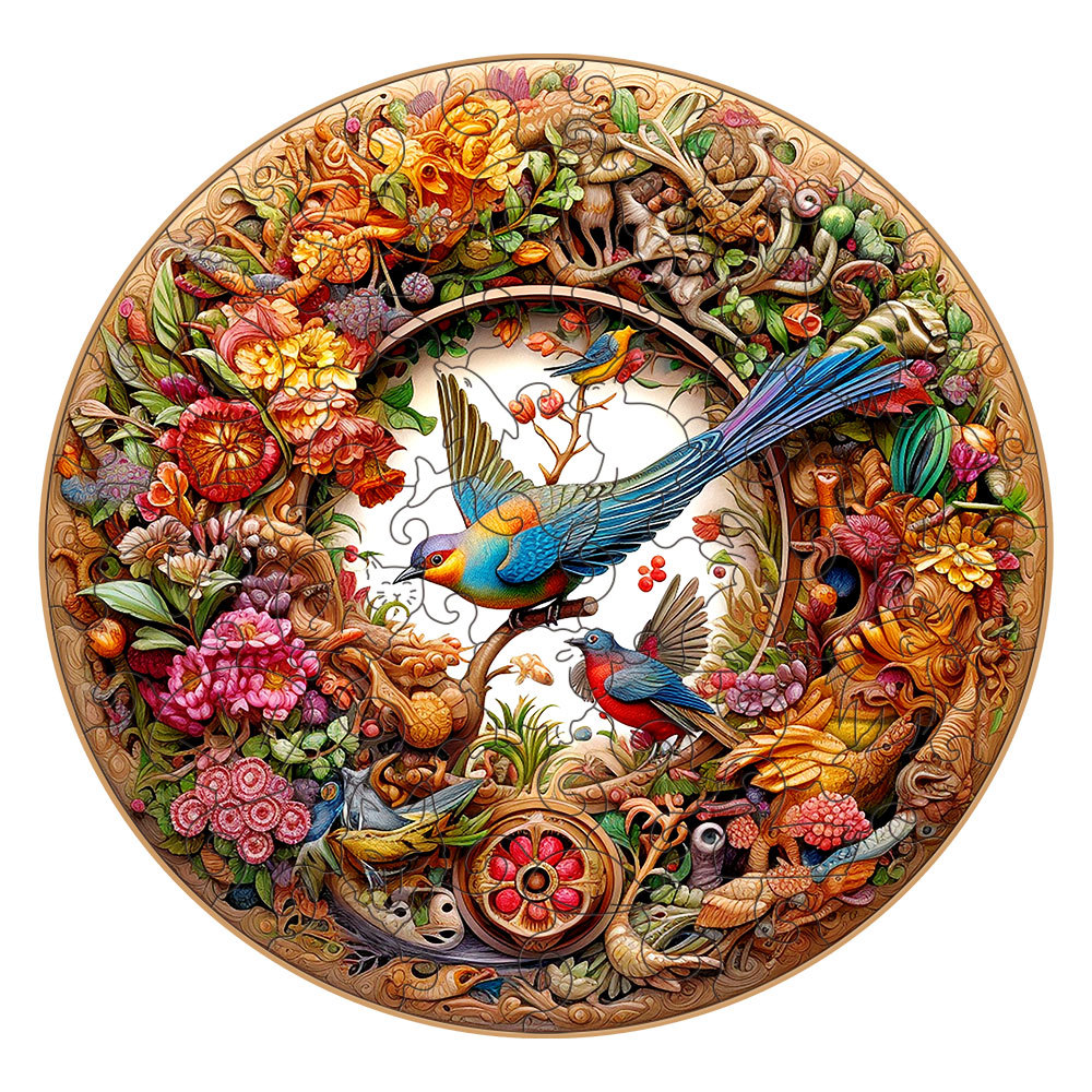 V888-ELOSUNG10982-206065-00 Intricate Garden Birds Round Wooden Puzzle - Vibrant Nature-Themed Artwork(L-paper box-H188) - Image 1