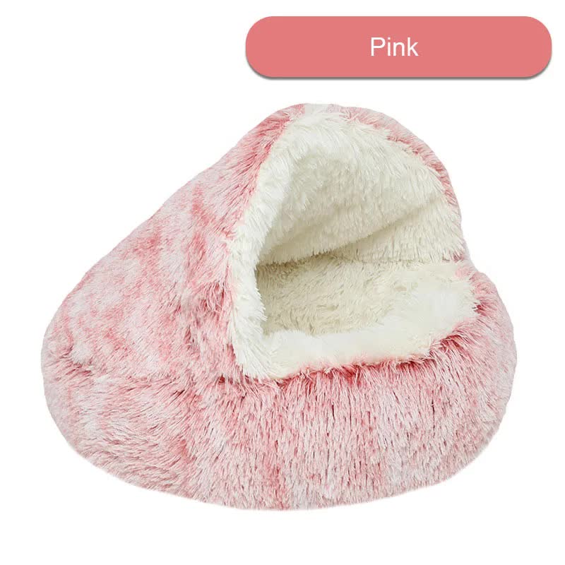 V888-ELOSUNG11039-206421-00 Cozy Pink Plush Hooded Pet Bed - Ultra Soft Long Fur Cave Bed for Small Pets 40cm - Image 1