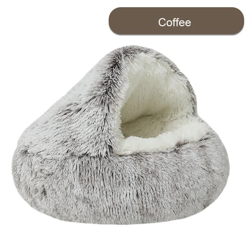 V888-ELOSUNG11041-206423-00 Cozy Coffee Plush Hooded Pet Bed - Ultra Soft Long Fur Cave Bed for Small Pets 50cm - Image 1