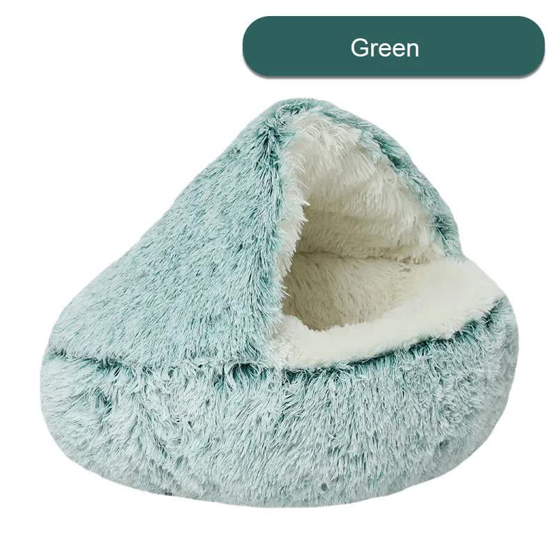 V888-ELOSUNG11043-206425-00 Cozy Green Plush Hooded Pet Bed - Ultra Soft Long Fur Cave Bed for Small Pets 50cm - Image 1