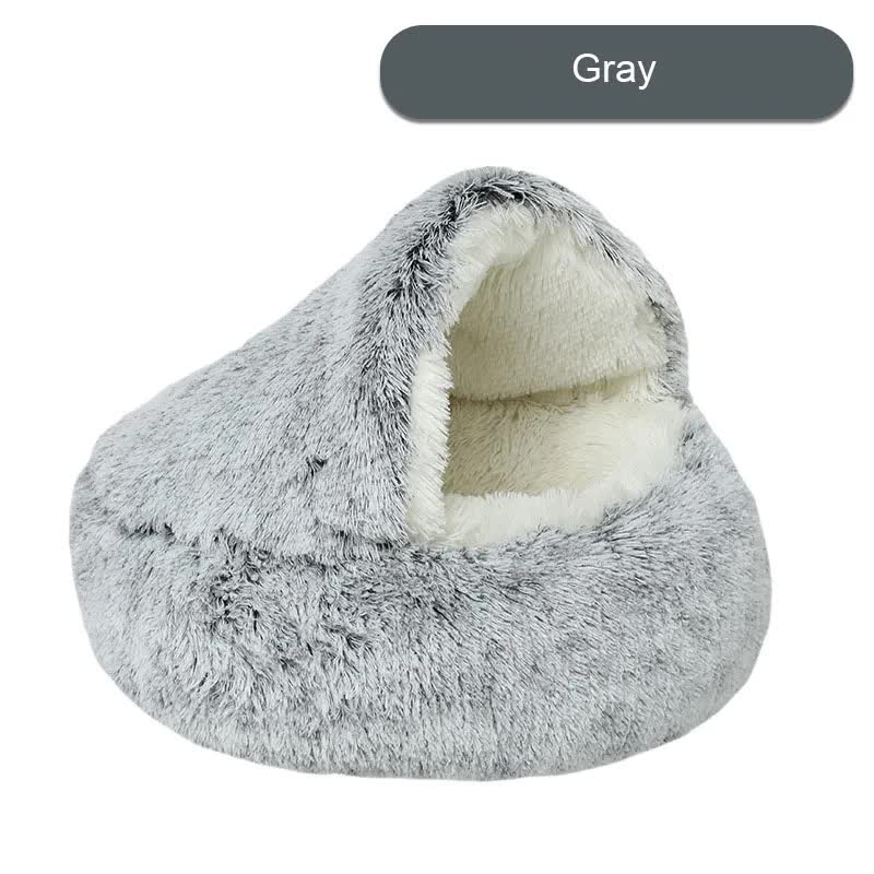 V888-ELOSUNG11044-206426-00 Cozy Gray Plush Hooded Pet Bed - Ultra Soft Long Fur Cave Bed for Small Pets 50cm - Image 1